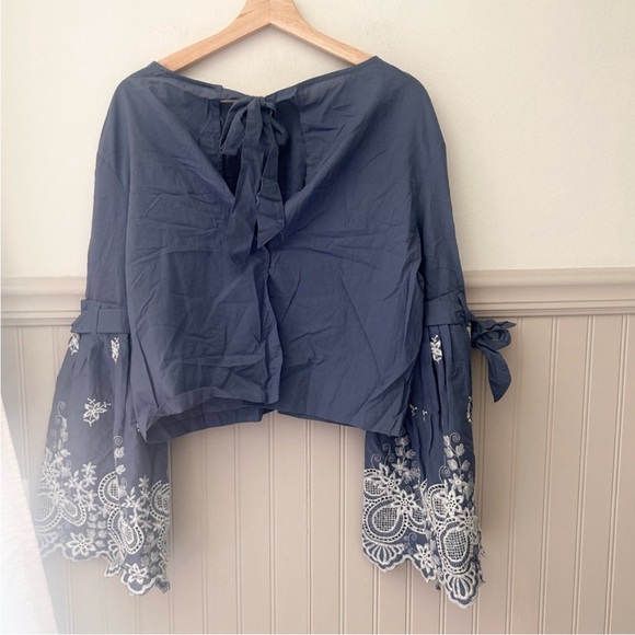 ⭐️ NEW Chic Blue Blouse with Embroidered Bell Sleeves - Picture 6 of 6